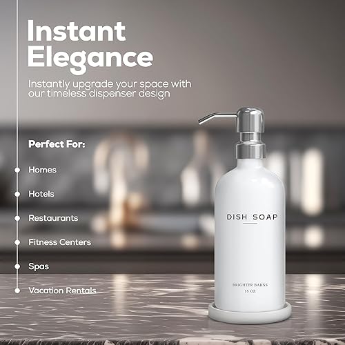 Miniatura 2 de Brighter Barns - Dispensador de jabón para platos de vidrio blanco para fregadero de cocina, moderno dispensador de jabón de cocina, botella de