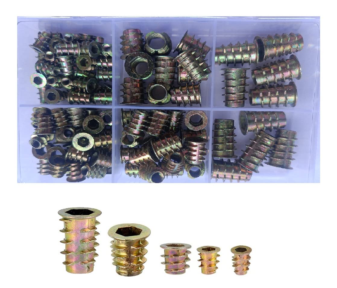 100 Pieces 5 Sizes M4/ M5 /M6 /M8 Metric Threaded Inserts Nuts D Nut Tool Kit for Wood Furniture Zinc Alloy Nuts Wood Inserts Bolts Fastener for Wood