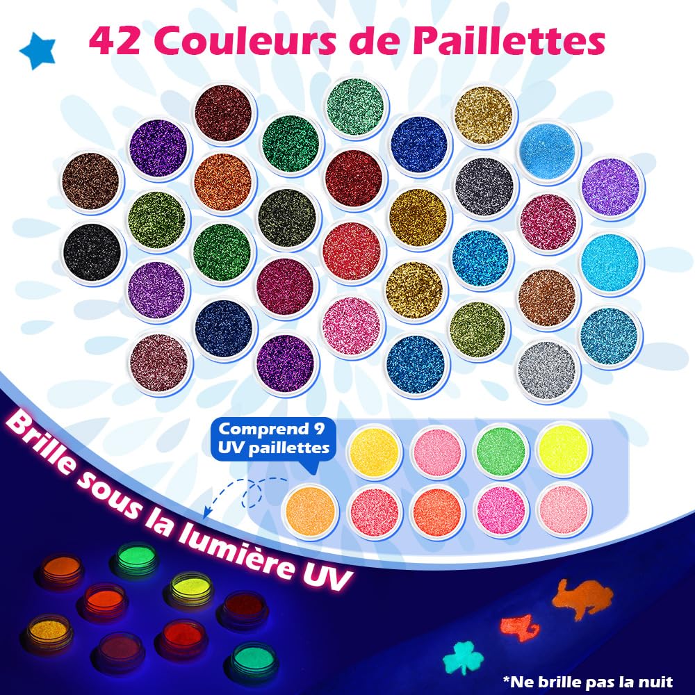 Bledras Kit Tatouage Paillettes Enfant, 42 Couleurs Imperméable Tatouage Temporaire à Paillettes, 210 Pochoirs, 5 Pinceaux, 3 Colles, Coffret Cadeau Fille, pour Anniversaire Carnaval Cosplay Fête