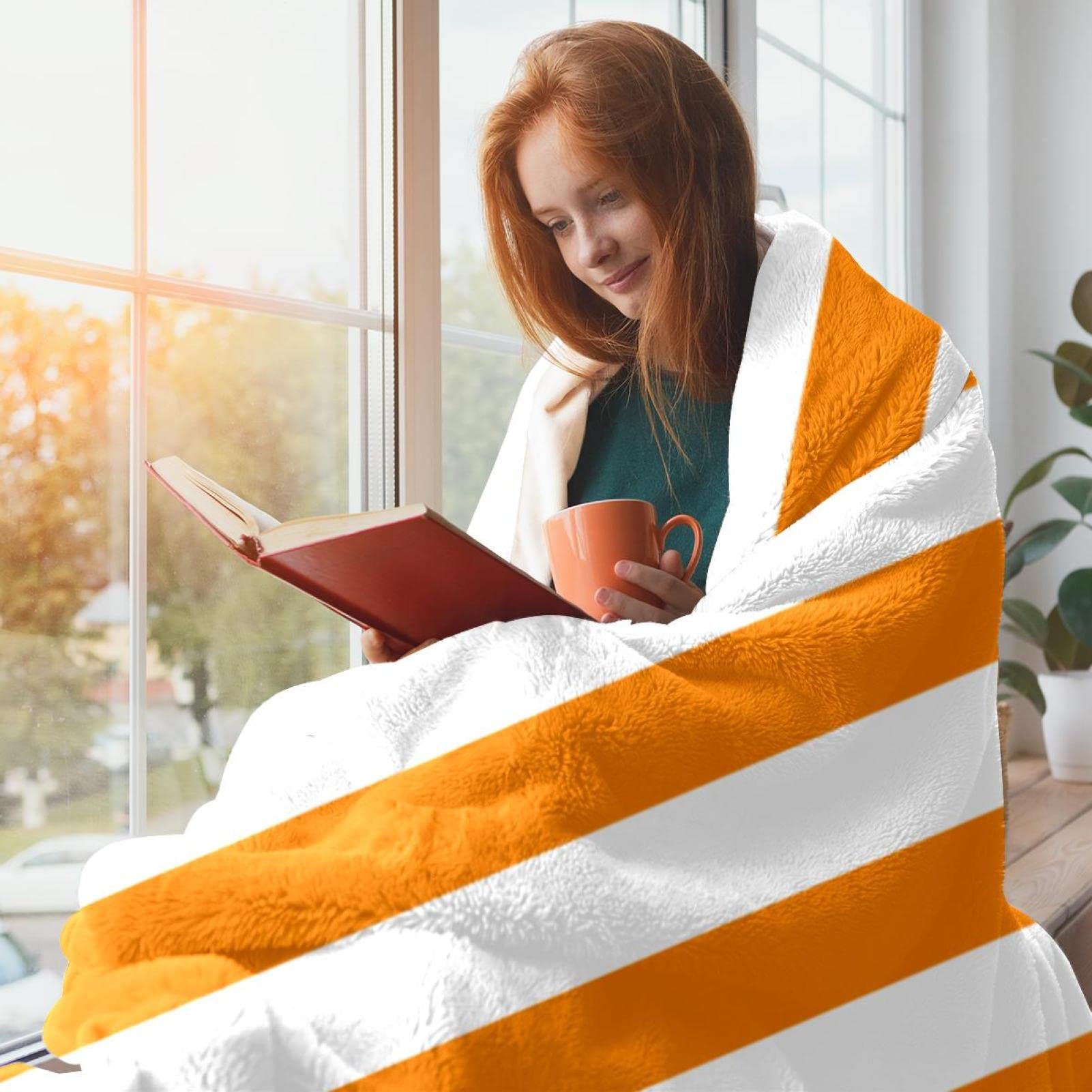 Couverture Polaire à Rayures Orange Et Blanches Pour Canapé Ou Lit