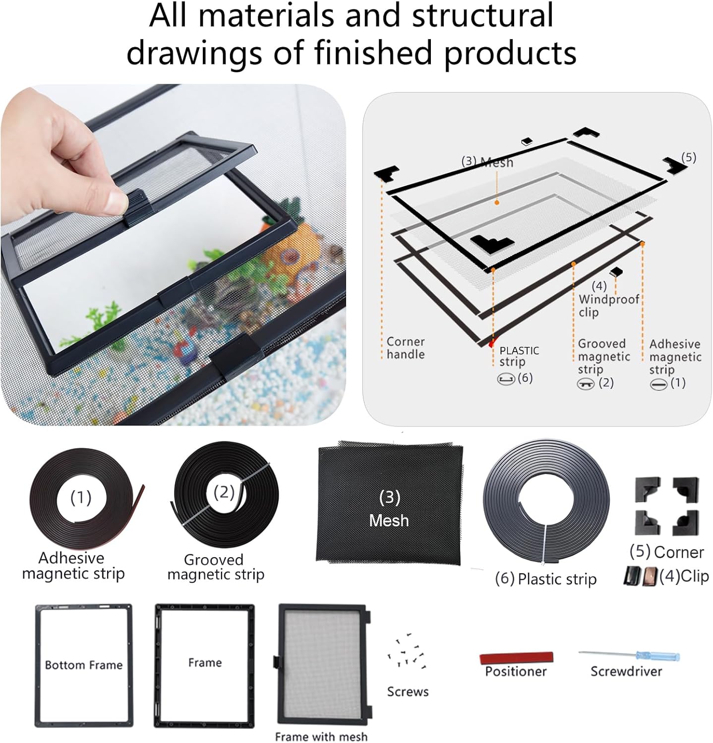 Magnetic Fish Tank Cover Net Aquarium Lid Mesh Top Hood Cut to Any Size Ventilation Transparency Anti-Jumping Aquarium Cover with Feeding Window(39"X19")