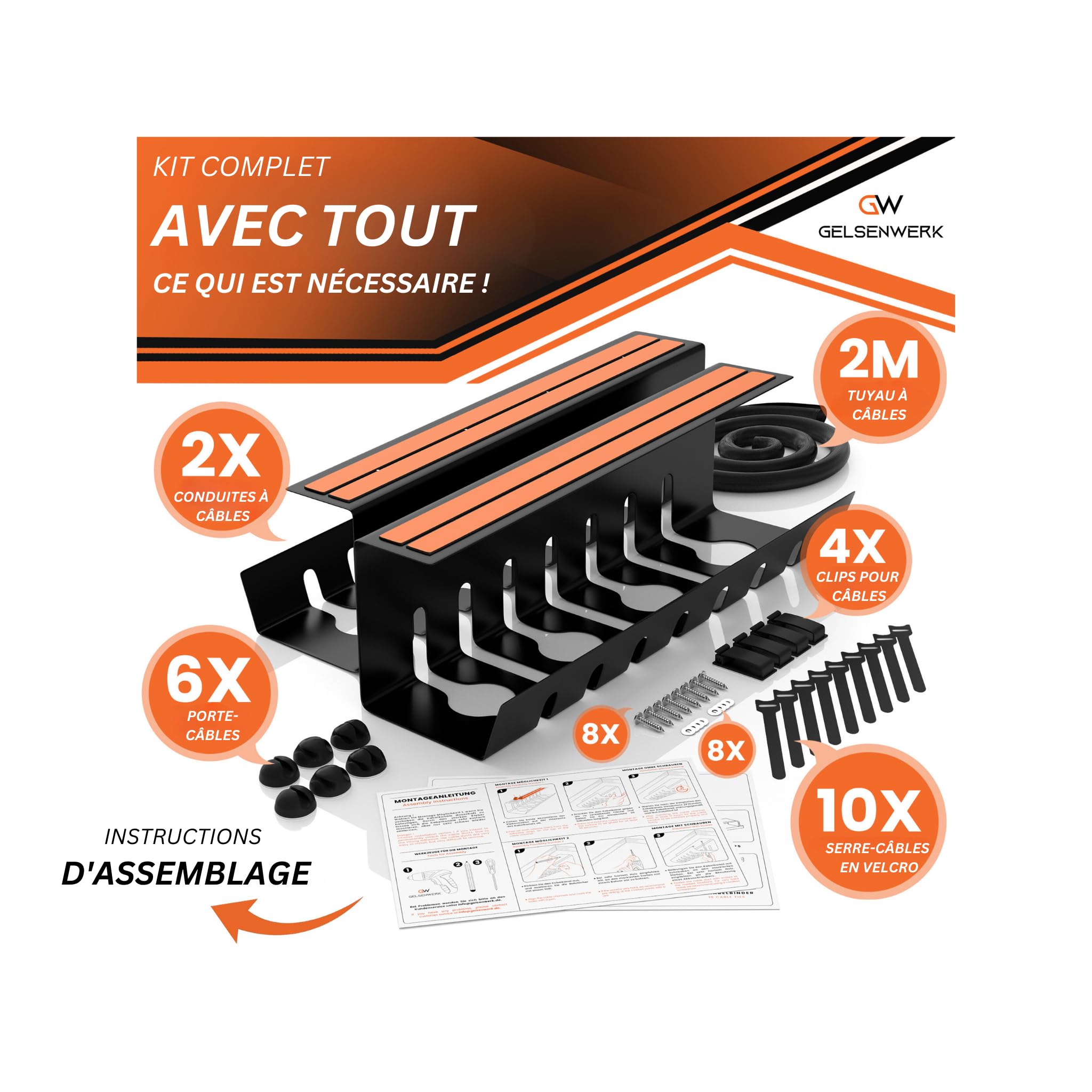 Set De 2 Conduites De Câbles Gelsenwerk® Noir sans Perçage - Support 43x12x12cm avec Tuyau De Câble - Chemin pour Gestion Câbles Lieu De Travail Et Ordre Bureau