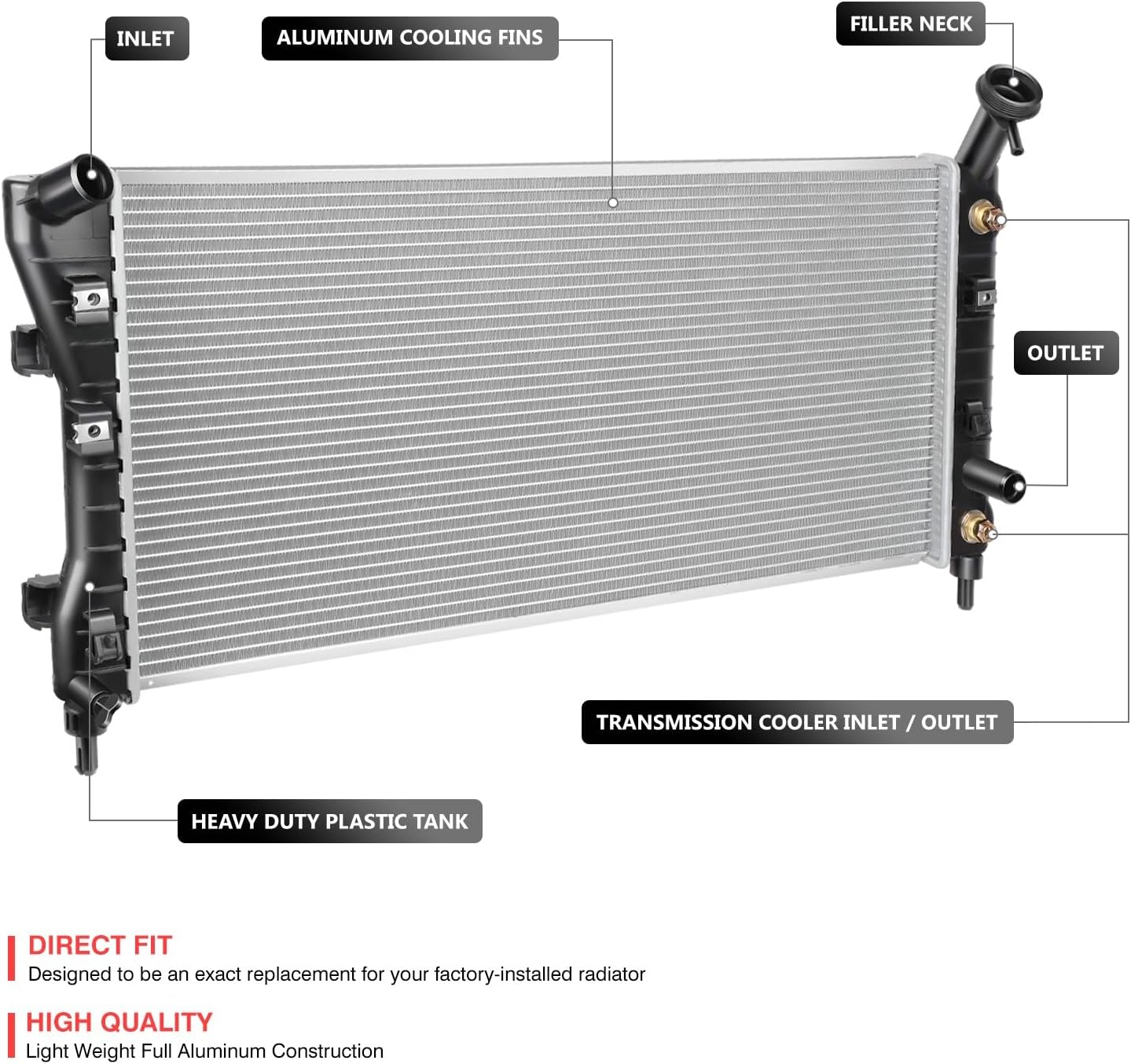 DNA Motoring OEM-RA-2710 1-Row Aluminum Core Cooling Radiator Compatible with 05-09 Allure/LaCrosse, 04-05 Impala/Monte Carlo AT, 30-1/4" W X 14-1/8" H X 5/8" D, 1-5/16" Inlet, 1-5/16" Outlet