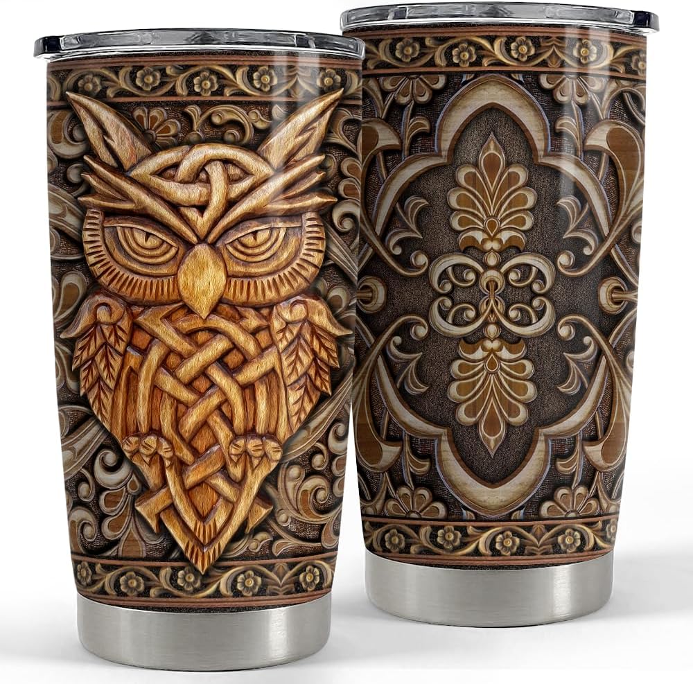 SANDJEST Owl Tumbler 20oz Owls Wood Drawing Stainless Steel Insulated Tumblers Coffee Travel Mug Cup Gifts for Women Men Owl Gift for Birthday Christmas