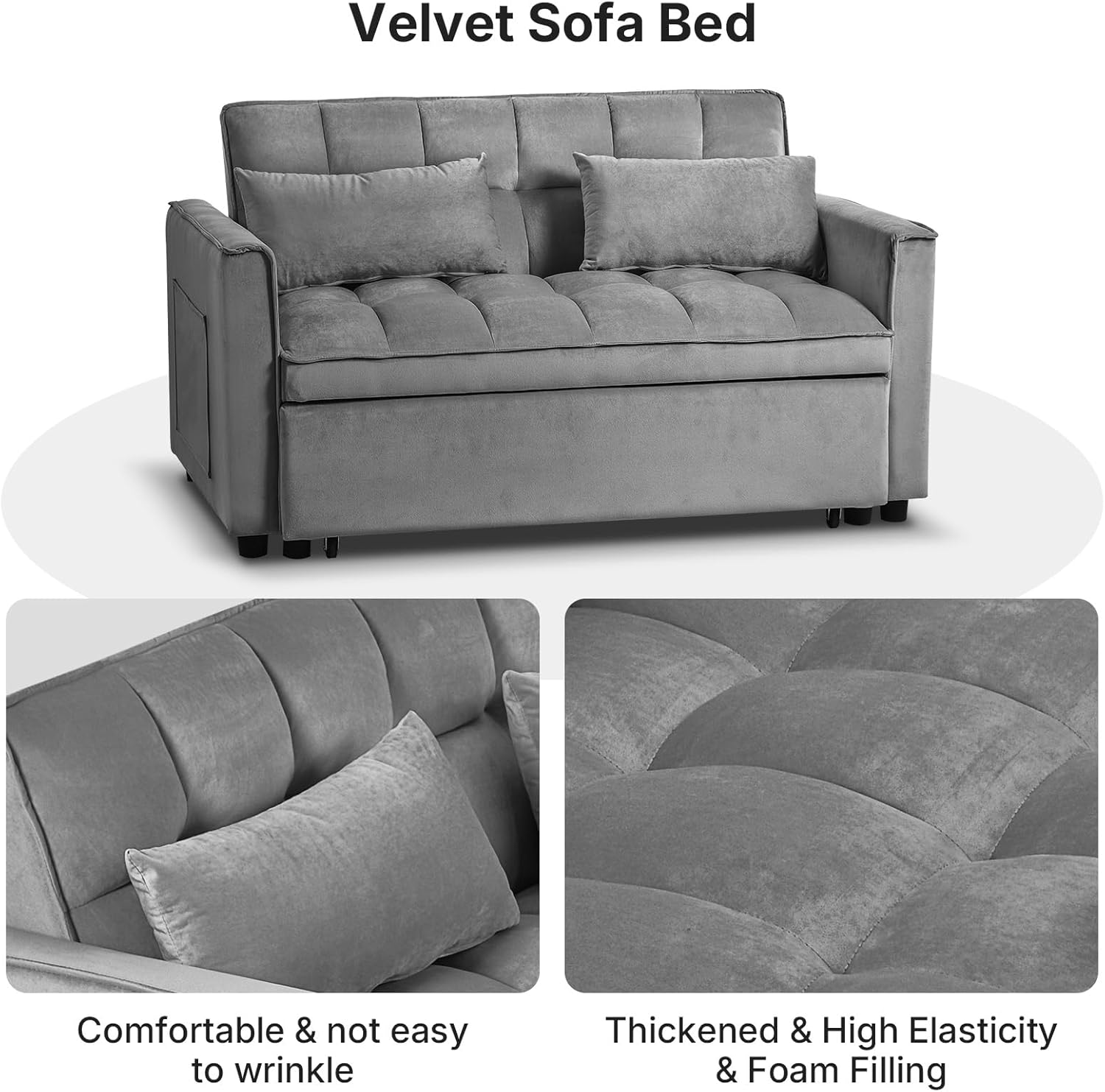 Rovibek 3 in 1 Sleeper Sofa Bed, 53'' Pull Out Couch Convertible Futon Loveseat with Adjustable Backrest, Velvet Sleeper Chaise Lounge Futon for Apartment Office Small Space, Dark Grey