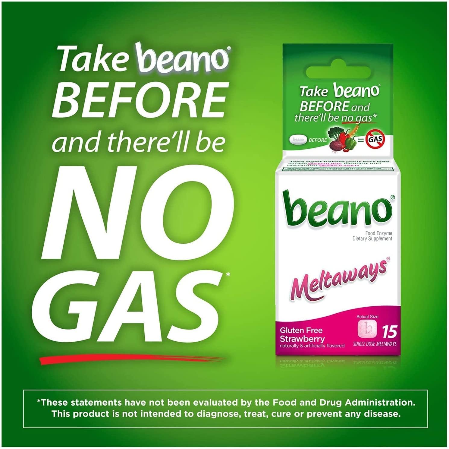 Beano Meltaways | Gas Prevention & Bloating Relief | Strawberry Flavor | 15 Count | Pack of 3