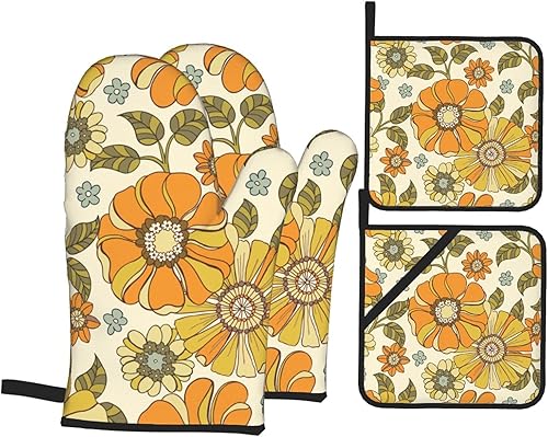 Juego de 4 guantes de horno y soportes para ollas, estilo retro de los años 70, forro de algodón acolchado suave, para cocinar, hornear, asar a la