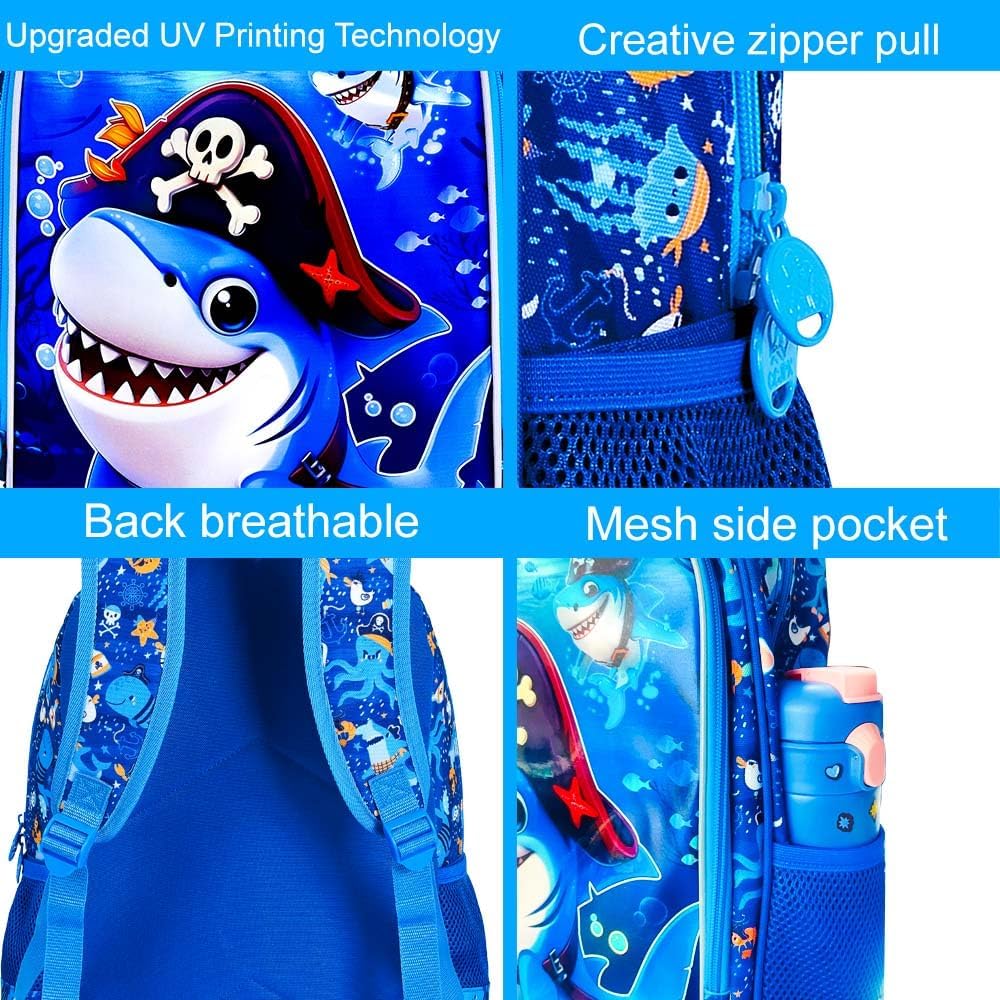3Pcs Shark Backpack for Boys, 16" Kids Bookbag Set for Elementary Preschool Kindergarten, School Backpacks with Lunch Box(Blue) - Image 5