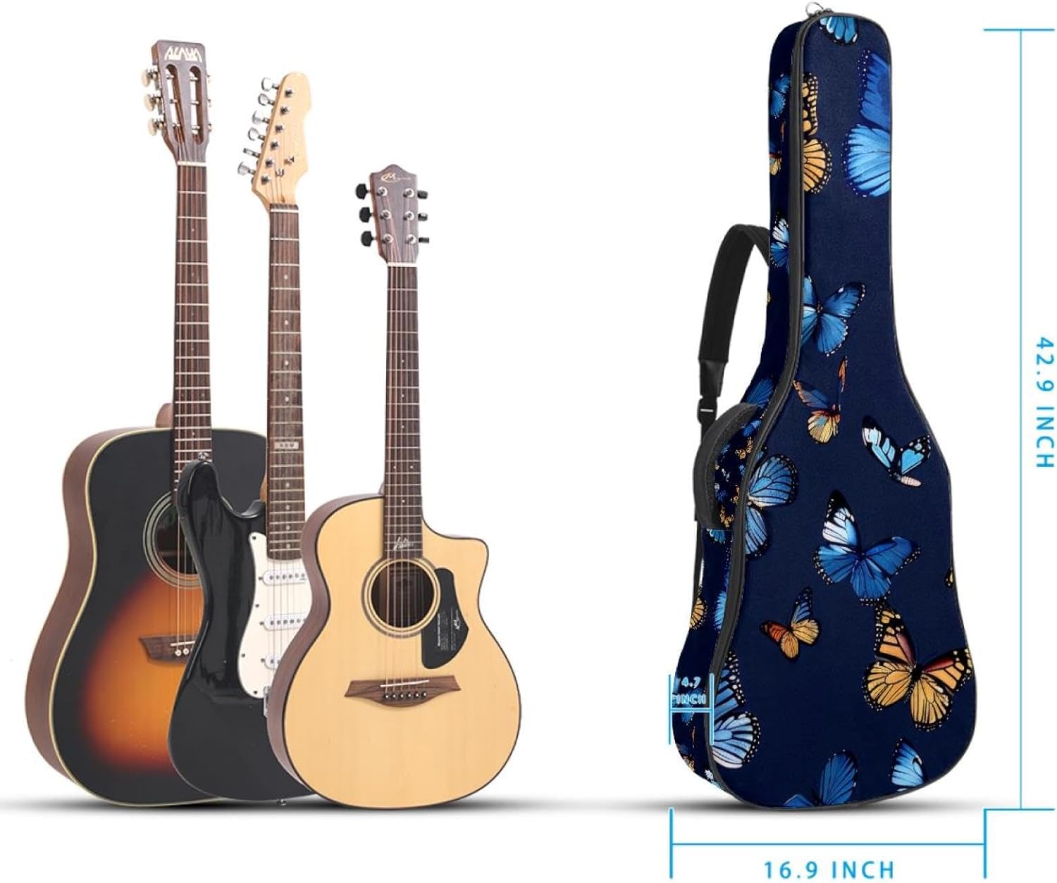 Acoustic Guitar Gig Bag 1 cm Thick Padding, Waterproof Electric Guitar Bag 40-42 Inch Guitar Case Backpack with Dual Shoulder Strap, Warecolor Blue and Yellow Butterflies Pattern