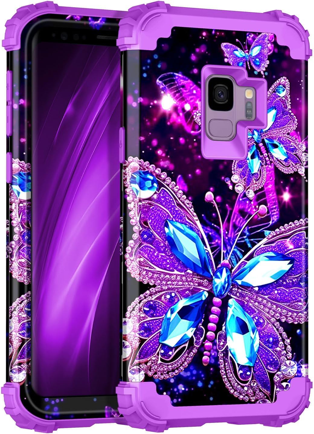 Casetego for Galaxy S9 Case,Glow in The Dark Three Layer Heavy Duty Shockproof Hard PC+Soft Silicone Bumper Rugged Anti-Slip Protective Cases for Samsung Galaxy S9,Amaranth Purple