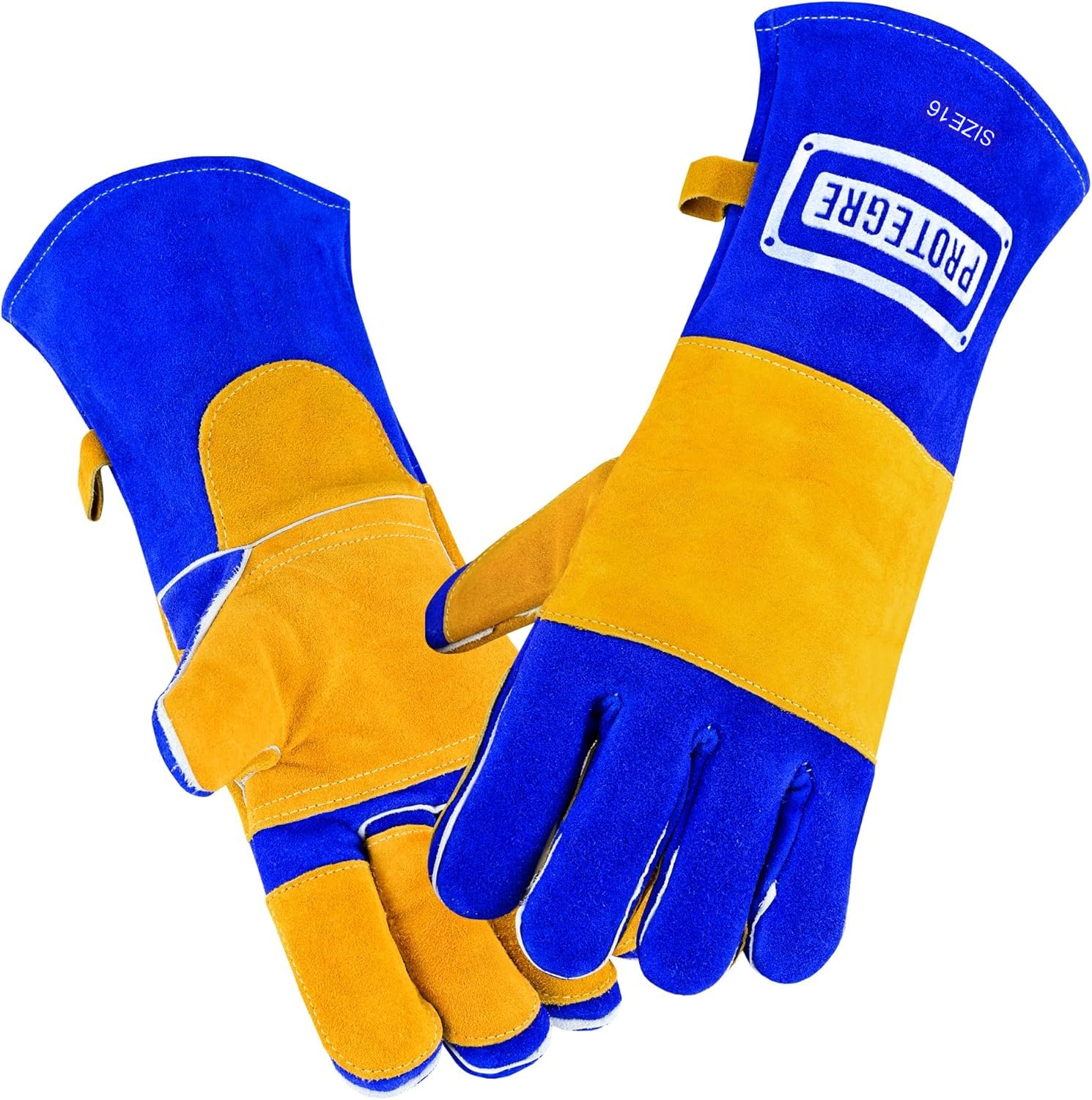 Guantes de soldadura de 16 pulgadas, cuero vacuno resistente al calor y al fuego, costuras de Kevlar, protección de 500.0 °C para MIG, palo, forja, chimenea, barbacoa, estufa de leña