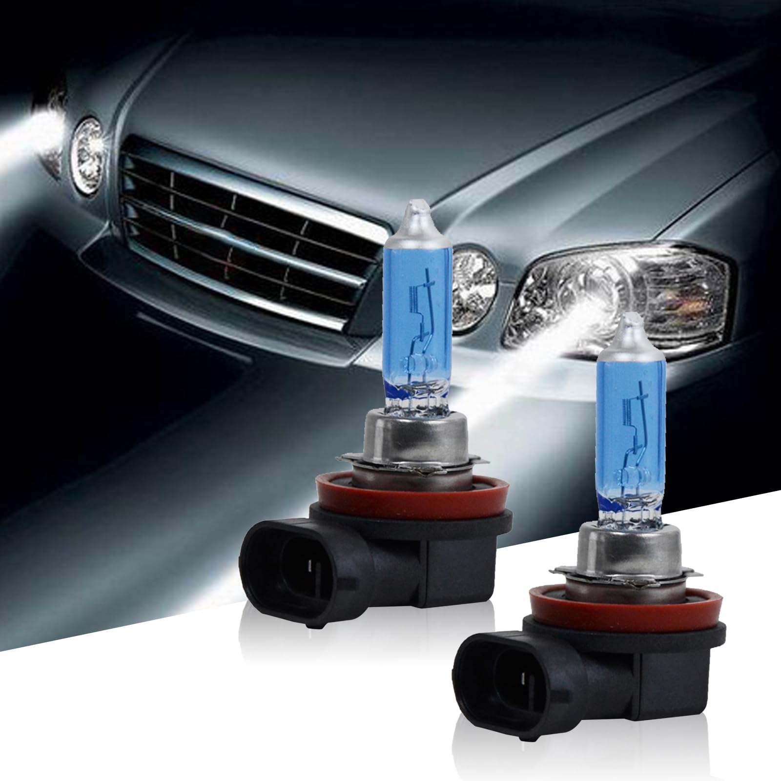 Pack of 2 H11 Car Halogen Light, 12V 100W Super White Light, Lamp Bulbs, Fog Light, for High Beam Low Beam Driving (White)