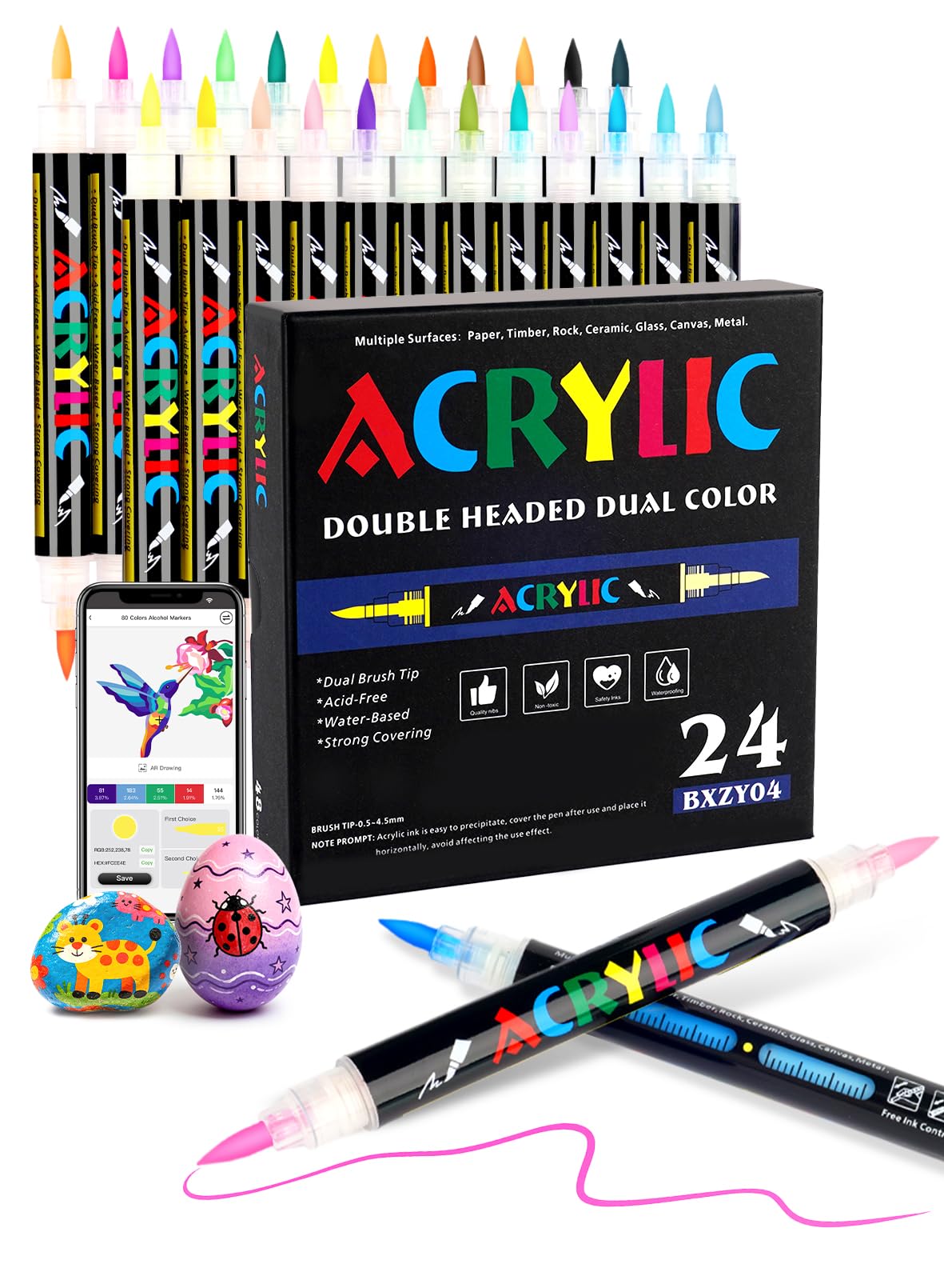 24 Liquid Ink Acrylic Paint Pens with Free App, 48 Colours Acrylic Markers