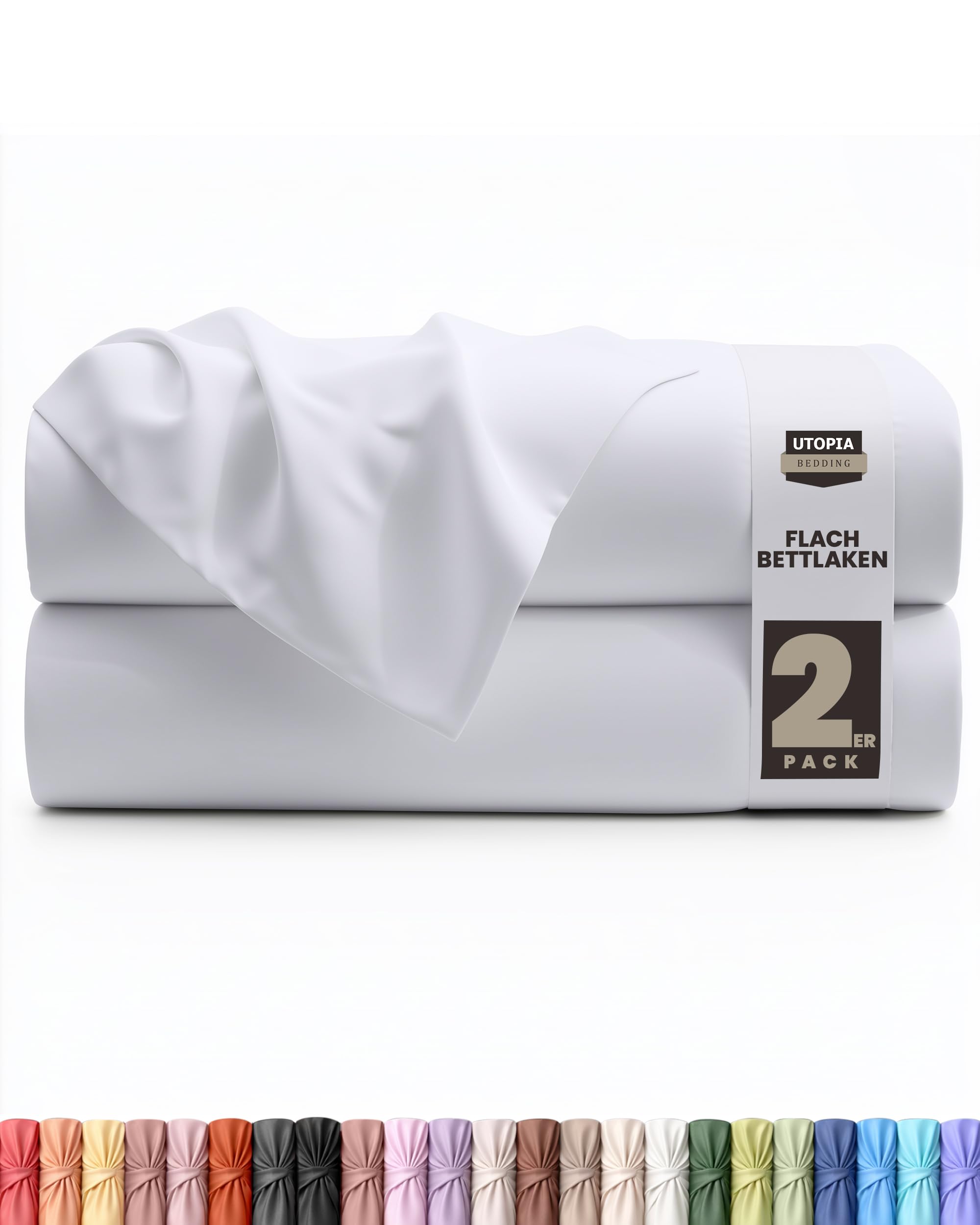 Utopia Bedding - 2er Set Bettlaken ohne Gummizug - 266x259cm - Weiß
