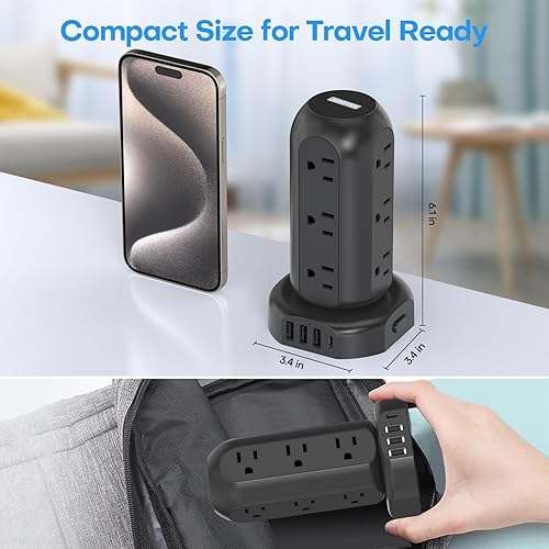 Miniatura 6 de Cable de extensión USB C de 15 pies de largo, torre protectora de sobretensiones, mini regleta de alimentación de viaje de 12 CA 4 USB con puertos