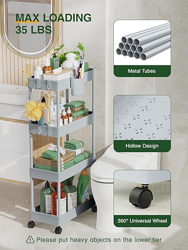 Miniatura 5 de LEHOM Carrito de almacenamiento delgado con ruedas  Organizador de baño de 4 niveles, carrito de utilidad, estantes de almacenamiento deslizantes,