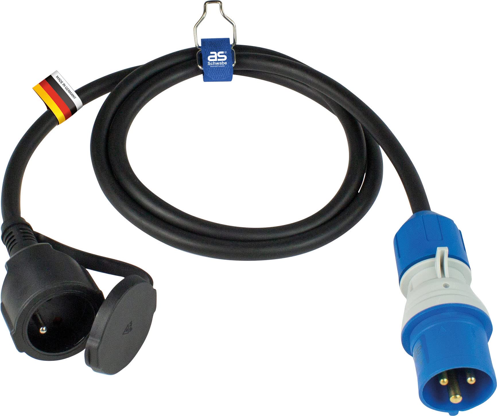 as - Schwabe Caravan CEE Adapter Kabel 1,5 m, wtyczka CEE z wskaźnikiem napięcia Powerlight & gniazdkiem bezpieczeństwa, IP44 do kamperów z osłoną ochronną, czarny I 861408