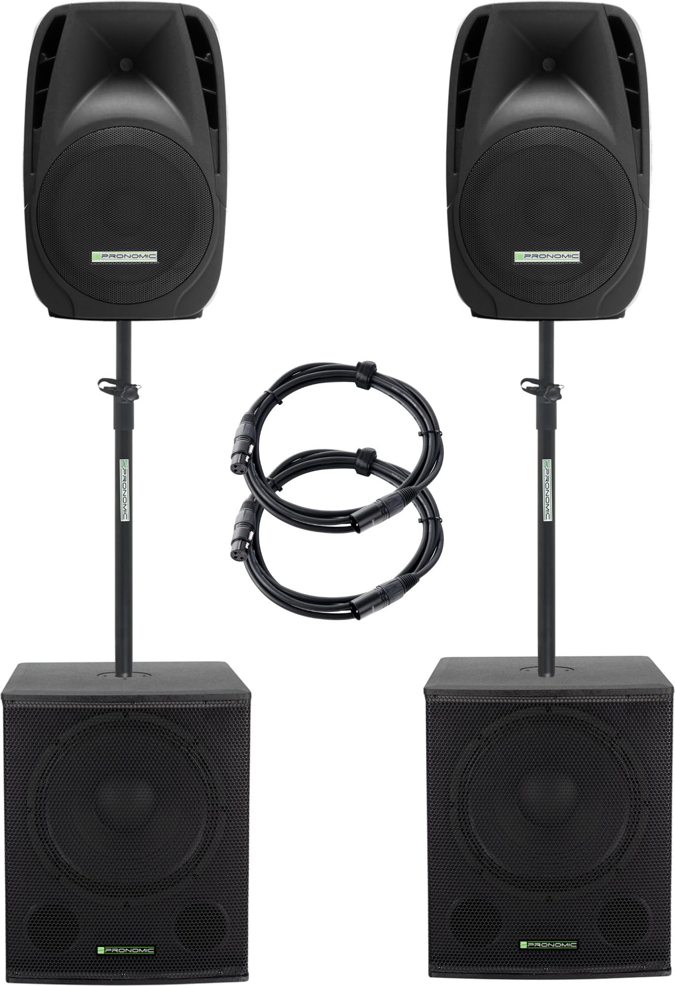 Pronomic 218S-215A Impianto PA Attivo - set PA attivo con 2x subwoofer da 18" e 2x satelliti da 15" - 1000 watt potenza totale (RMS) - include tubi distanziatori e cavi da 2,5 m