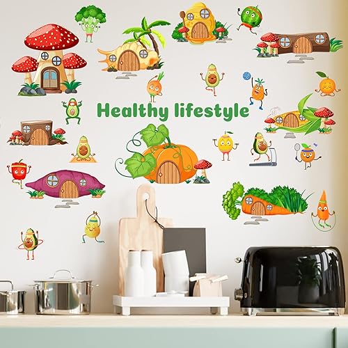 Miniatura 3 de Lindas calcomanías de pared de frutas y verduras de dibujos animados, calcomanías de pared de alimentos de cocina, extraíbles para despegar y pegar,