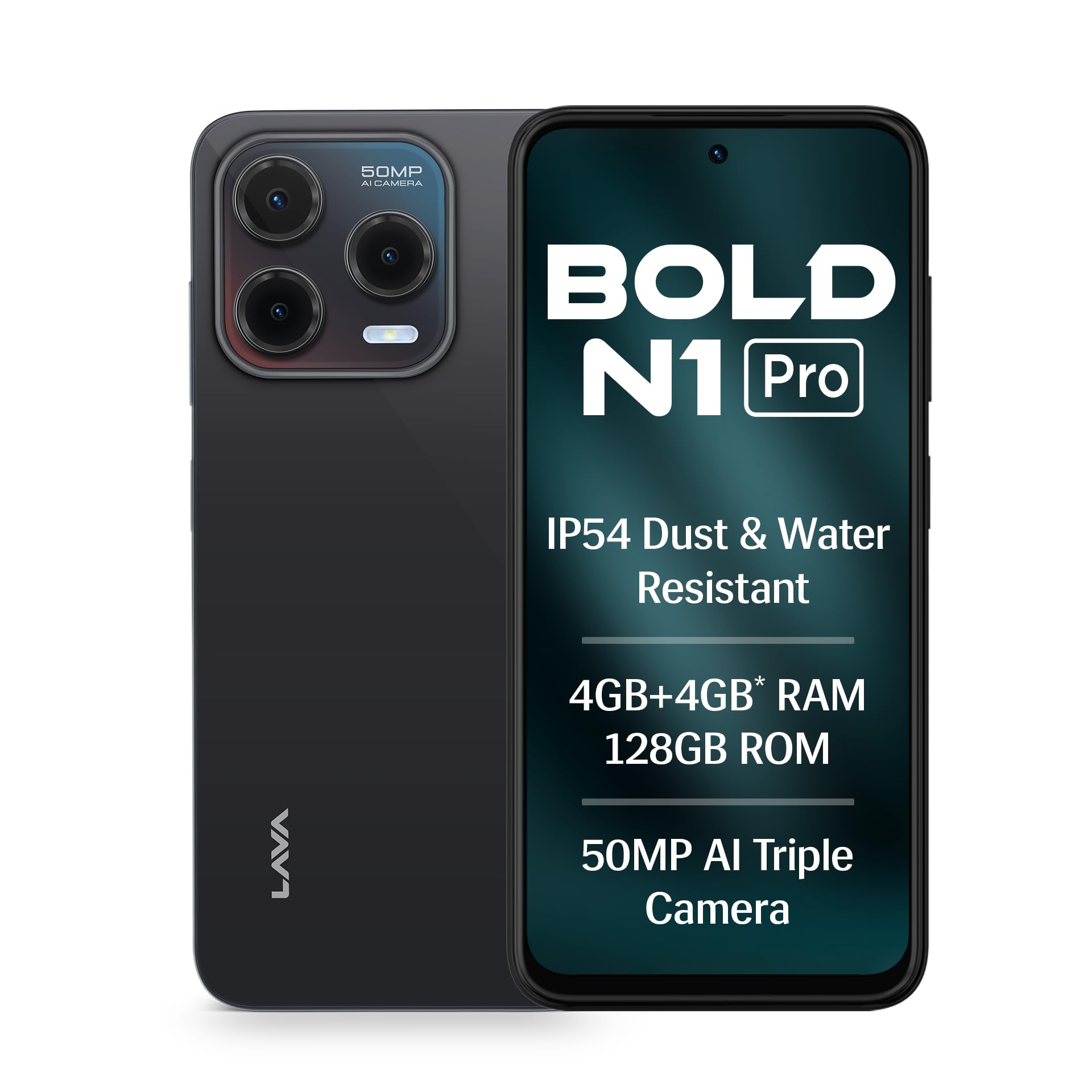 Lava Bold N1 Pro (Stealth Black, 4 GB RAM, 128 GB Storage)| Bigger 6.67" HD+ IP54 Display | 120 Hz Refresh Rate | 50 MP AI Triple Rear Camera | 8 MP Front Camera| 5000 mAh Battery| Charger in Box