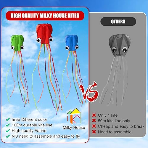 Miniatura 7 de Paquete de 3 cometas de pulpo, cometa 3D de cola larga fácil de volar, cometas de playa para personas y adultos, regalo de 3 colores (azul verde