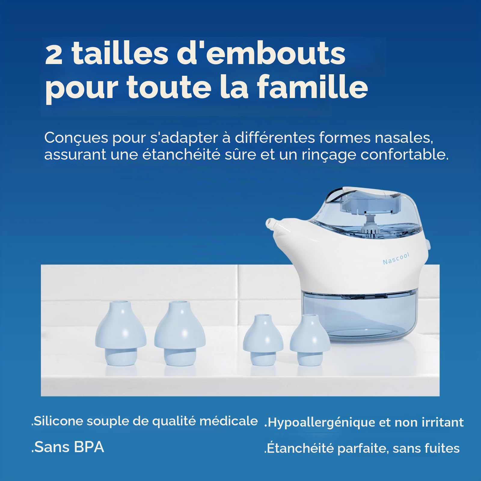 Nascool Système d'irrigation nasale, douche nasale, rinçage nasal pour adultes, pot de rinçage électrique nasaux avec 50 sachets de sel nasal, bleu