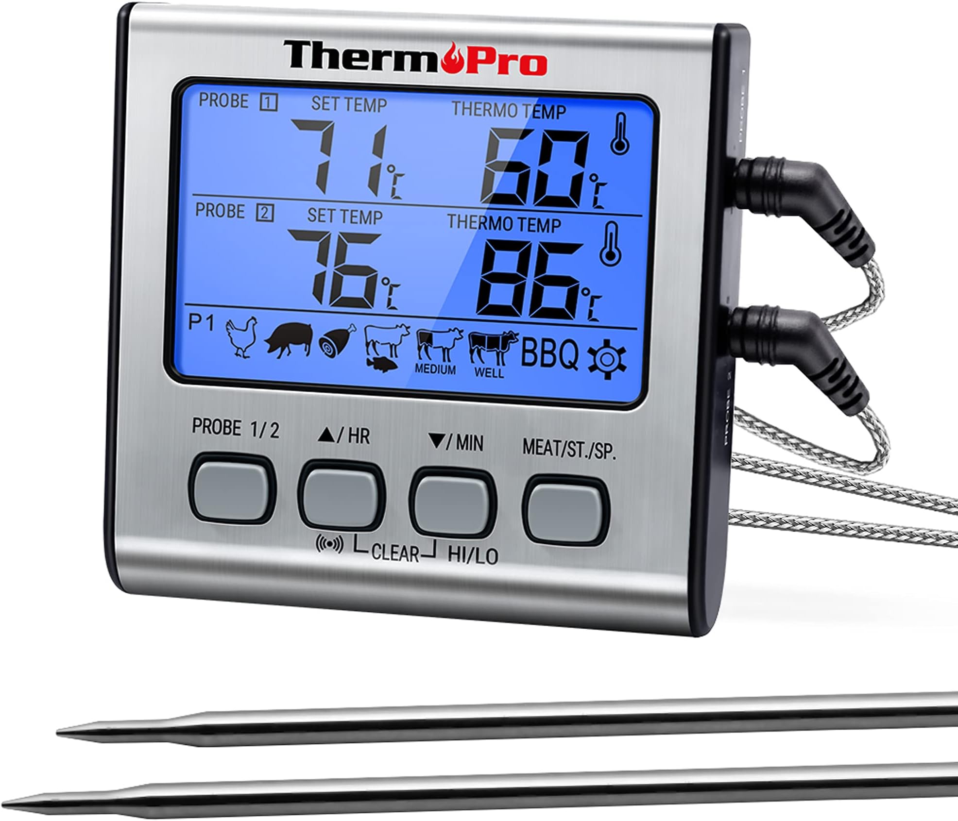 TP17 Digital Meat Thermometer Cooking Grill BBQ Thermometer with Dual Food Temperature Probes for Smoker Kitchen Oven Large LCD Backlight with Timer Alarm