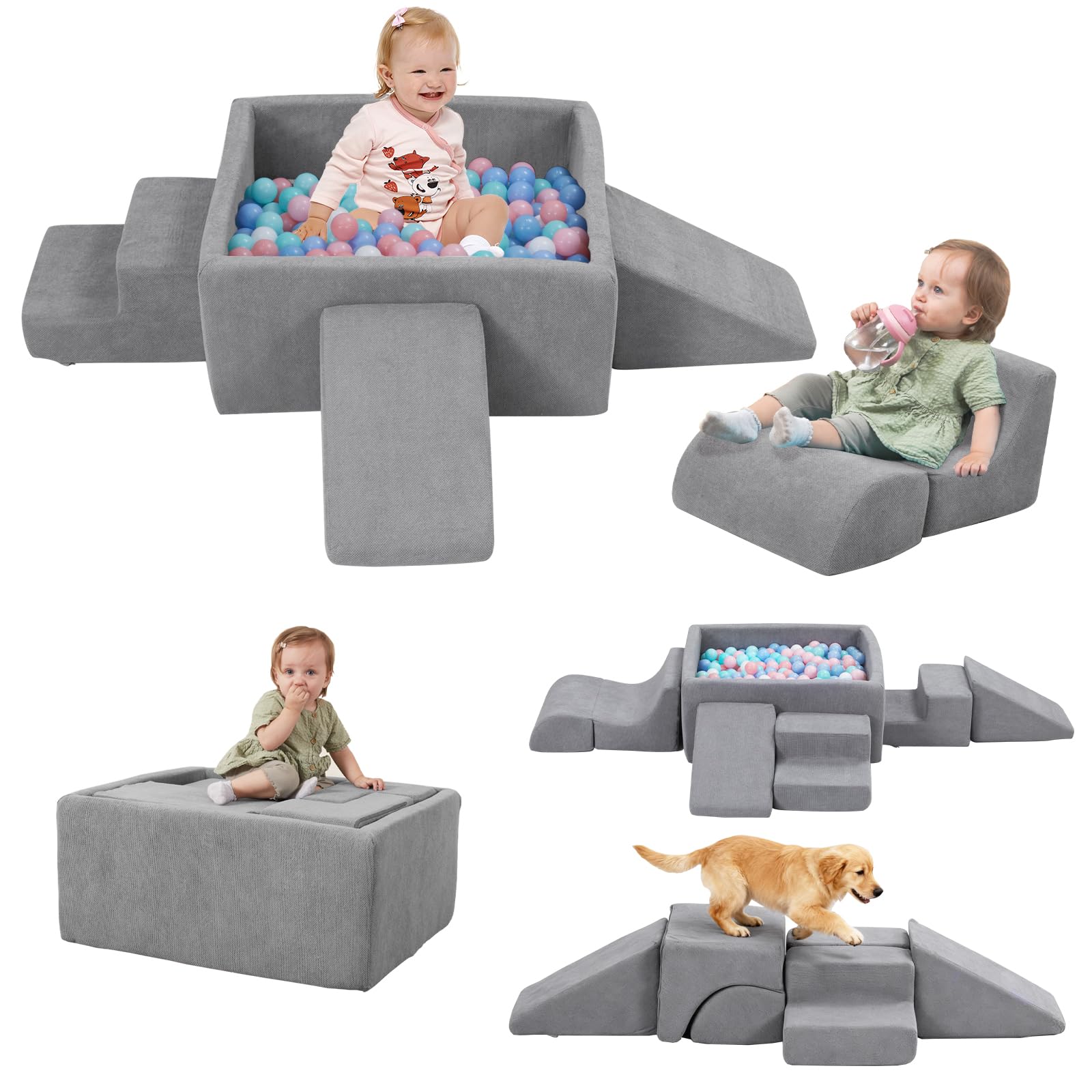 MOOZHEALTH Baby Climbing Blocks with Ball Pit, 6-Piece Foam Climb & Crawl Play Set for Toddlers 1–3, Modular Soft Play Equipment with Washable Cover,