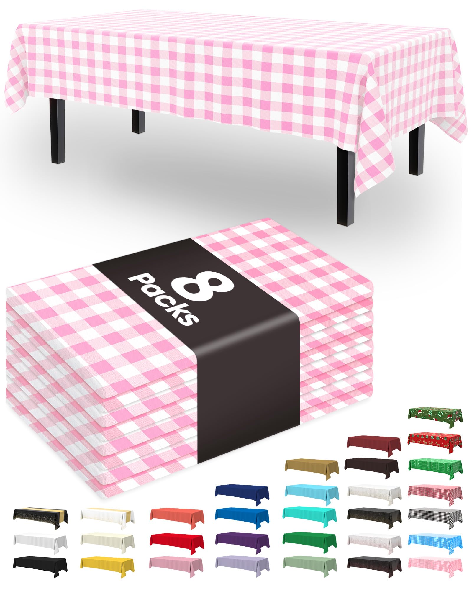 Pureegg Plastic Table Cloth Disposable 8 Pack, 54 x 108 Inch Table Cloths, Party, Picnic, Decorative Gingham Tablecloths, Rectangle, Pink and White Checkered Cover, Leakproof &amp; Sturdy, Pink Plaid