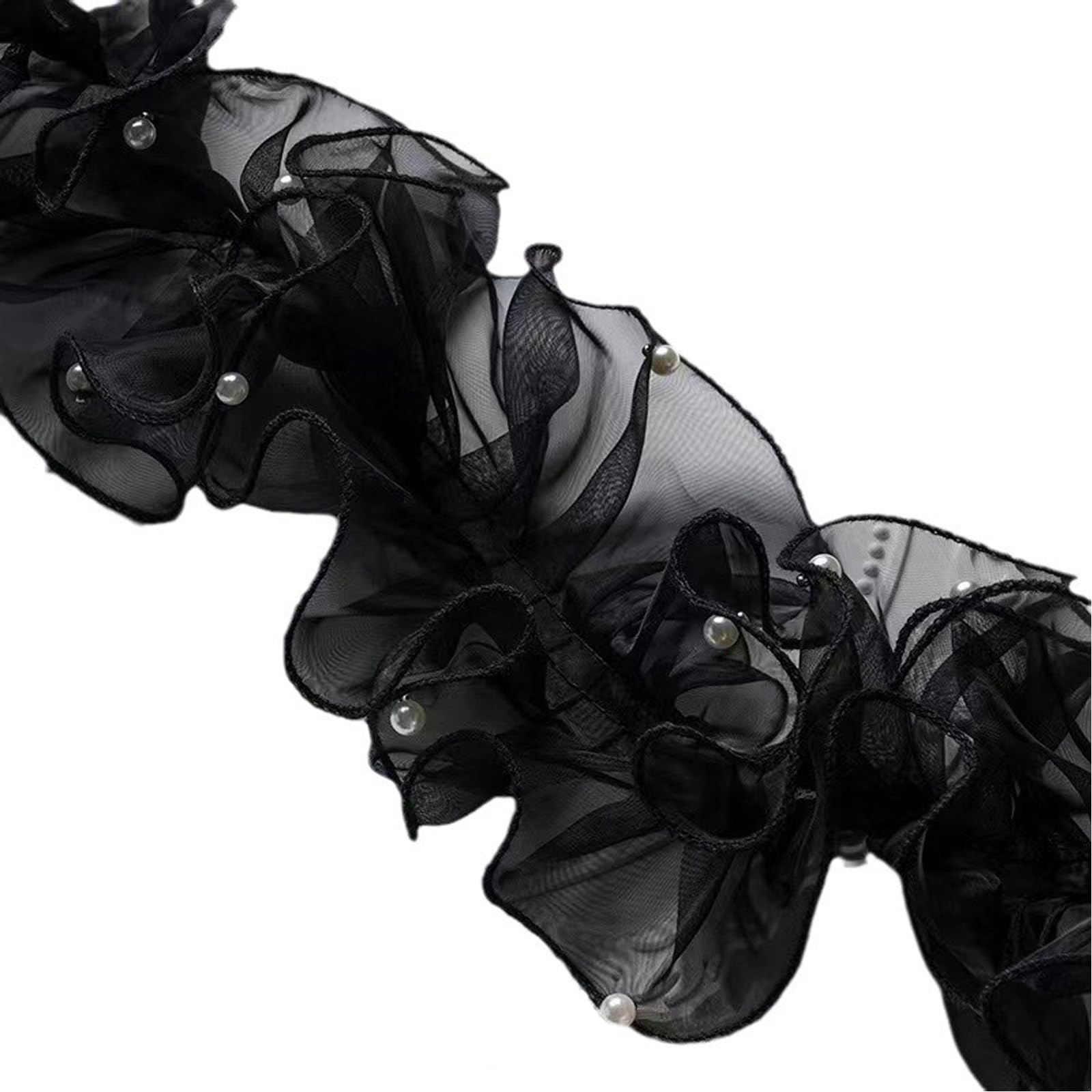 3 Yards Pearl Pleated Organza Lace Trim 4.72inch Width,Black Pearl Organza Ruffled Lace Satin for Wedding Decoration, Flower Wrapping, Dress Collar Sleeve Decoration Applique Patch DIY Sewing(Black)