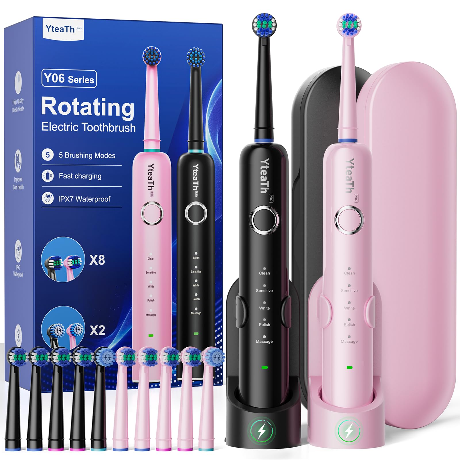 2 Pack Rotating Electric Toothbrush with 8 Brush Heads (2 Types) for Adults and Kids, 60-Day Battery Life, Wireless Wall Charging Station, 5 Modes Power Toothbrush with Travel Case