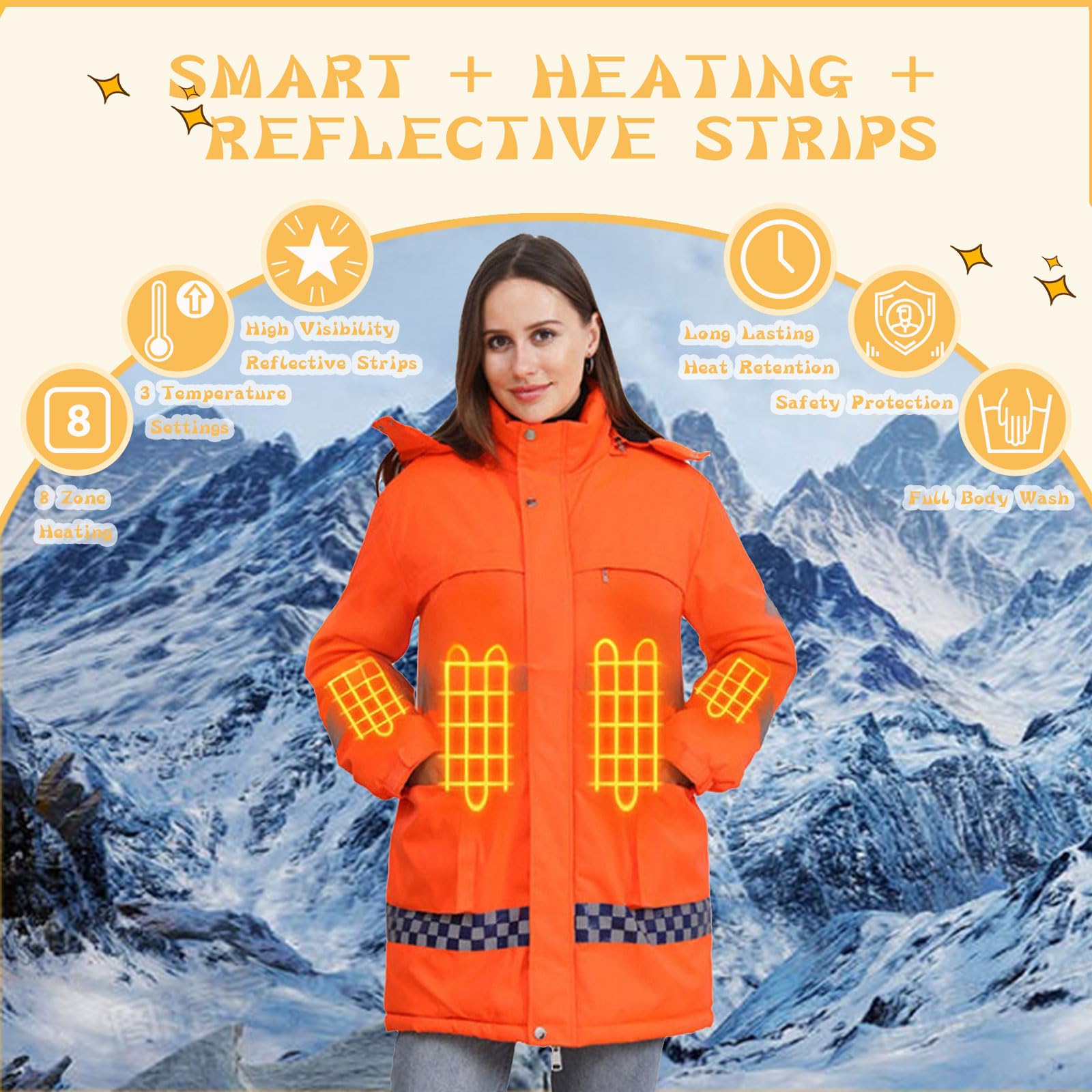 Chaqueta térmica Impermeable, Chaqueta calefactable, Chaqueta Reflectante, 8 Almohadillas térmicas, Chaqueta de Trabajo para Motociclismo, esquí y Actividades al Aire Libre.