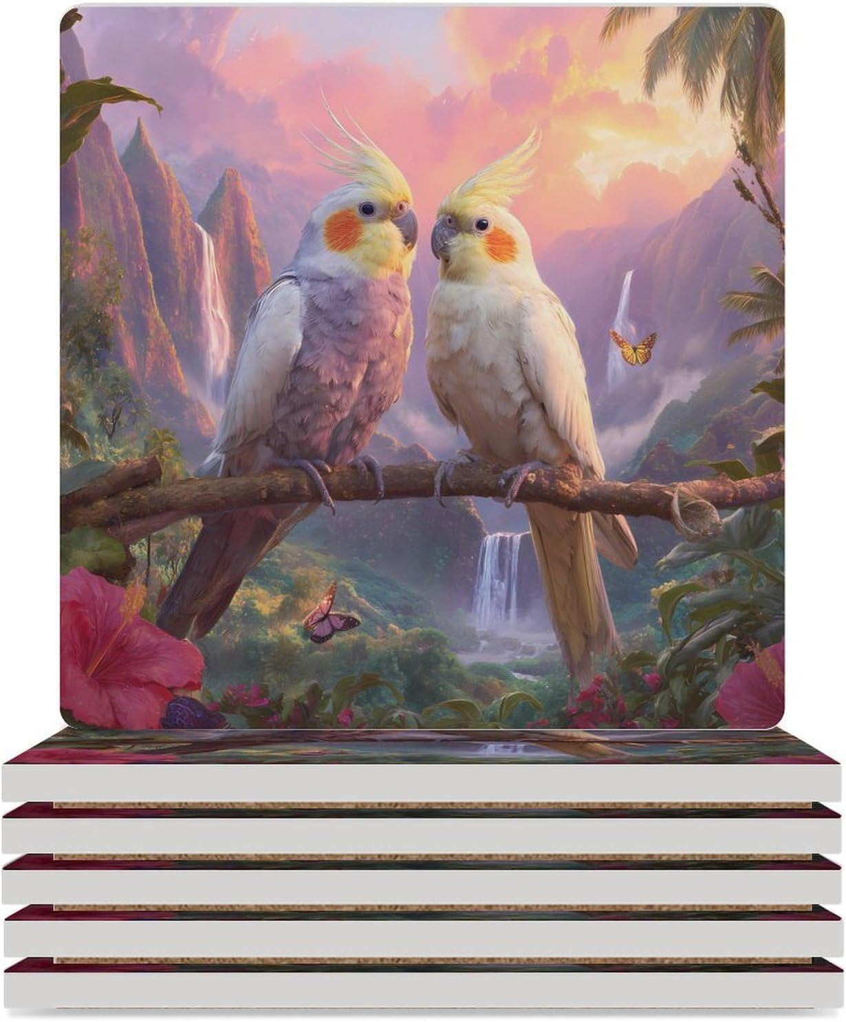 Tropical Cockatoo Parrot Birds Coaster for Drinks Square Ceramic Table Coasters Stone Mat Crafts 4PCS Home Kitchen Decor