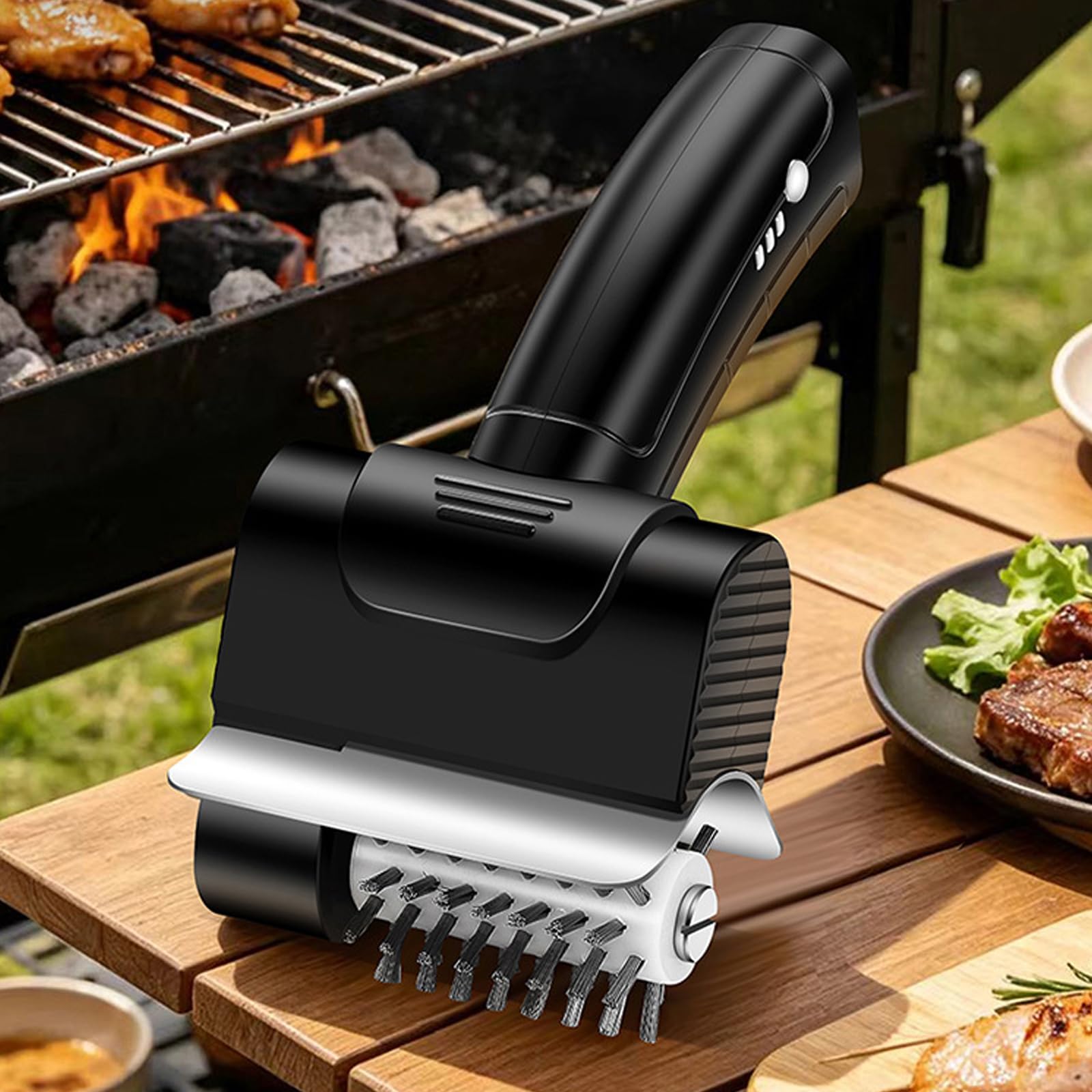 Cepillo de parrilla para barbacoa con indicador de luz, rodillo de alambre y protección contra rascadores, cepillo eléctrico compacto para trabajos de limpieza al aire libre, cepillo de rejilla de