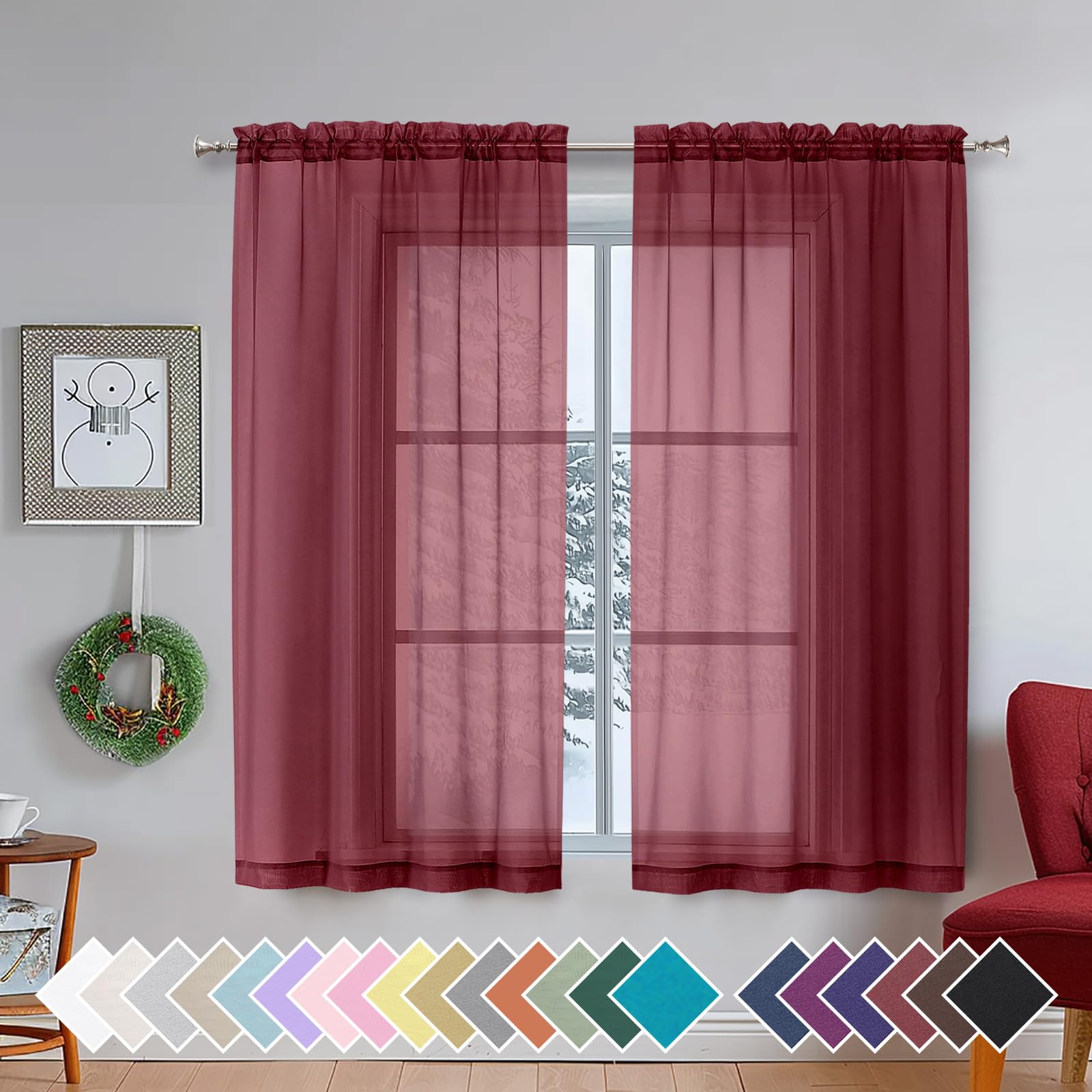 Aiyufeng Burgundy Sheer Curtains for Bedroom - Beautiful Semi Sheer Curtains Privacy for Bedroom Bathroom Kitchen Dining Office Window, 40 Wide x 54