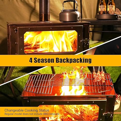 Miniatura 7 de Estufa de leña para acampar, estufa portátil para tienda de campaña, estufa de tienda de campaña de acero inoxidable con tubos de chimenea y bolsa