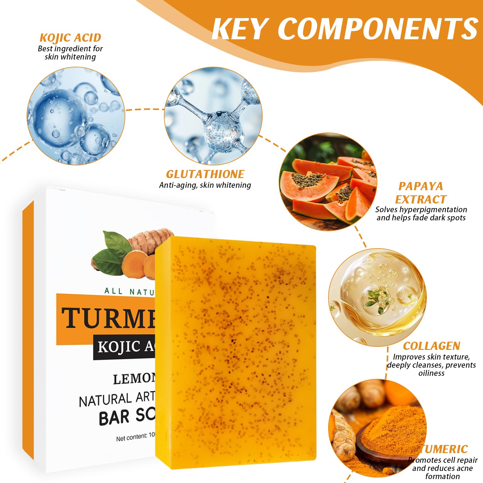 6PCS Turmeric Soap Bar, Kojic Acid Soap, Natural Handmade Kojic Soaps with Foaming Nets - Image 4