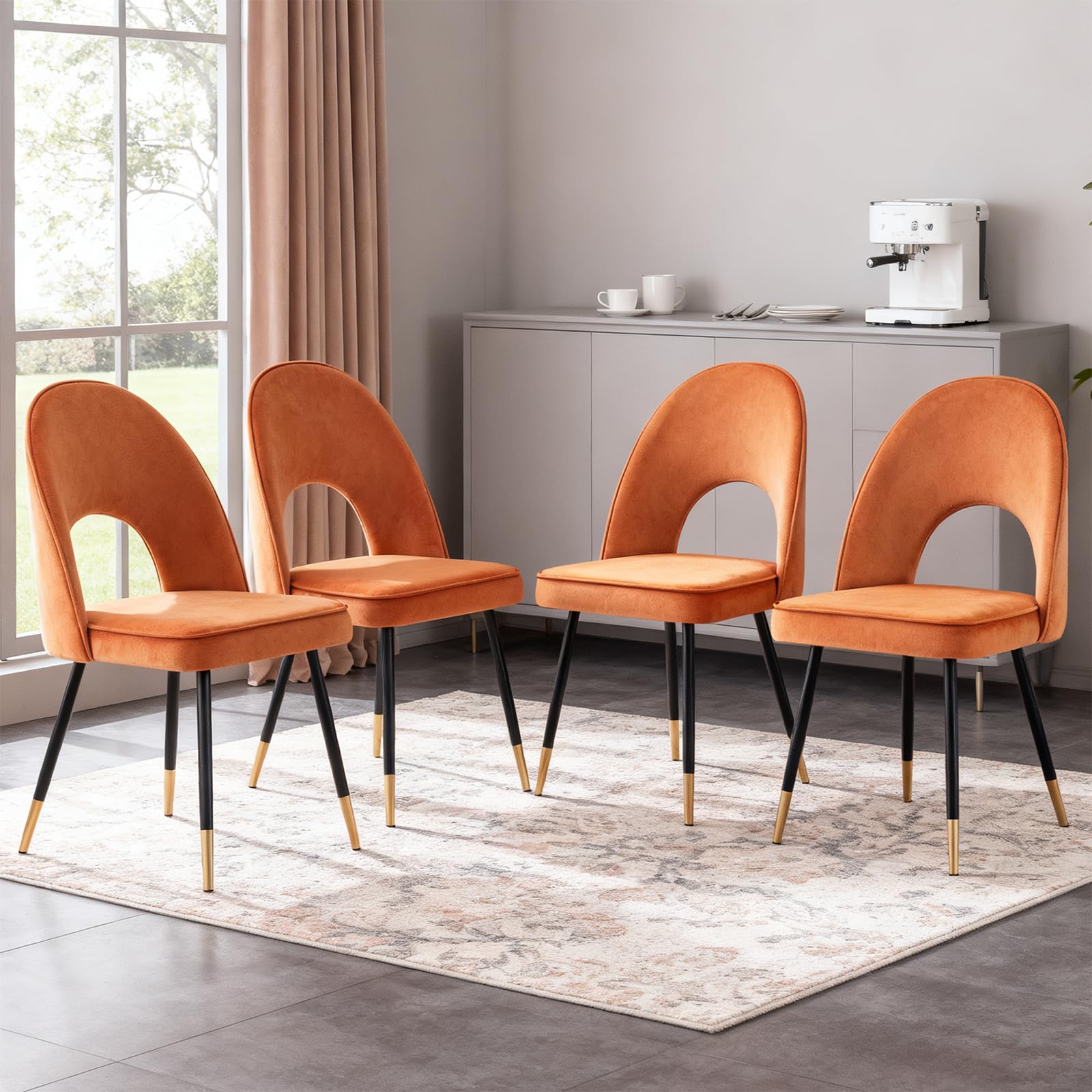 JaHECOME Velvet Orange Dining Chairs Set of 4 Modern Side Corner Kitchen Chairs with Golden Metal Legs for Living Room Office(4,Orange)