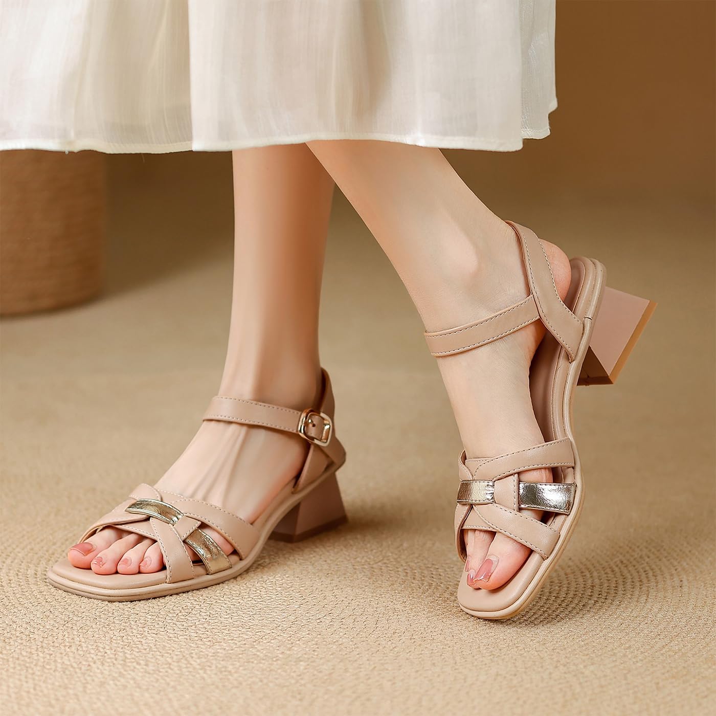 Sandalias Beige Mujer Tiras Punta Abierta Tacón 4cm