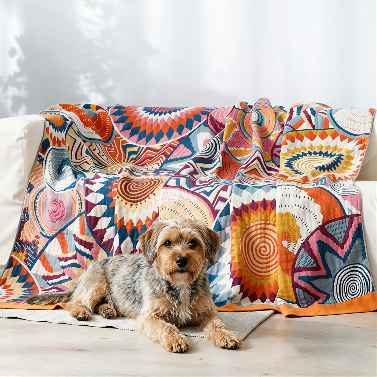 Plaid Sofa de Algodón Manta Sofa Boho Verano Inverno Colcha Boho Algodón para Cama Colcha Color Naranja con Estampado Geométrico, Multiusos, 150 x 200 cm (60" x 78") | Colcha para sofá o cama, color naranja con estampado geométrico, multicolor