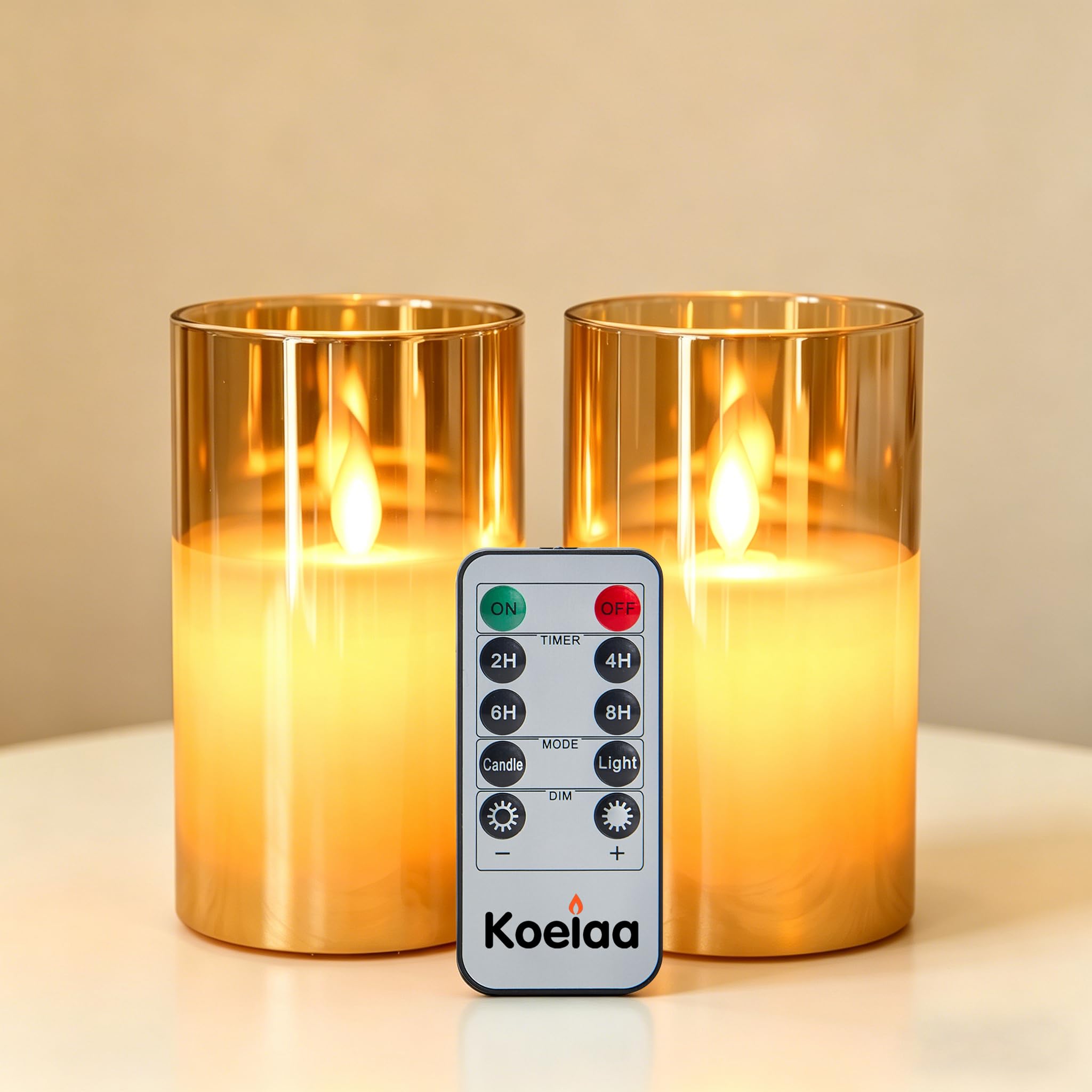 Koelaa 2 Pack LED Candles, Battery Operated Flameless Candles with Remote & Timer, Realistic Flickering Warm White Glass Jar Candle for Christmas Party Wedding Home Decor (Brown, 7.5 * 10cm) — image 1