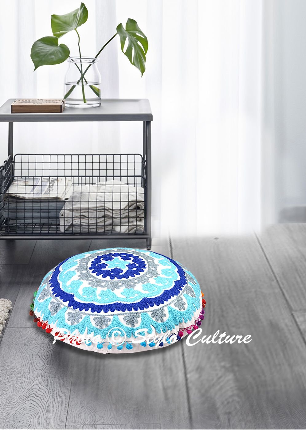 Federa Per Cuscino Da Pavimento Rotondo Indiano – Ricamo Suzani Con Pom Pom, Bianco, 45 Cm (Solo Copertura) - 3