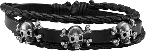 Miniatura 2 de MILAKOO Pulsera de cuero trenzado para hombre, 6 unidades, color negro, Punk Rock Skull
