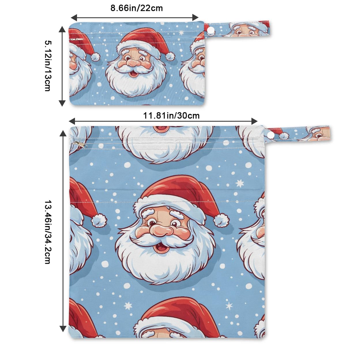 2pcs Cloth Diaper Wet Dry Bag with Two Zipper Pocket Waterproof Storage Bag Travel Laundry Bags, Beach, Pool, Breast Pump Parts, Gym Bag for Swimsuits & Wet Clothes for Baby (Adorable Santa Claus)
