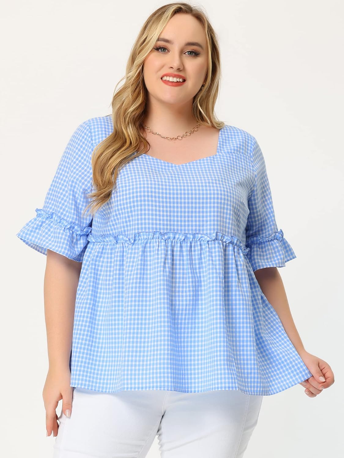 Agnes Orinda Women Plus Size Gingham Tops Sweetheart Neck Ruffle Sleeve Babydolls Blouses Plaid Summer Tops - Image 3