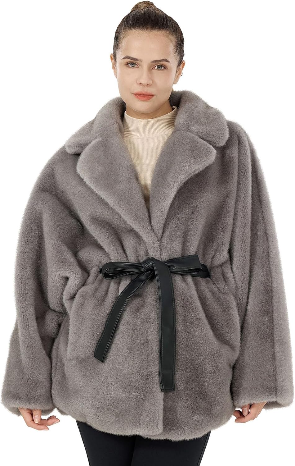 Women's Loose Faux Fur Jacket Winter Warm Lapel Cardigan Fluffy Faux Mink Fur Coat with Belt & Pockets