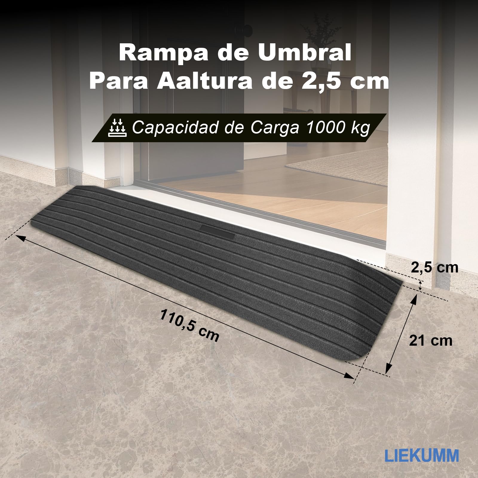 LIEKUMM Rampa para umbral de Silla de Ruedas de 2,5 cm, Capacidad 1000 kg, Rampa para escalones de Puertas Antideslizante, Rampa de Goma para Moto, baños, Coches, escaleras