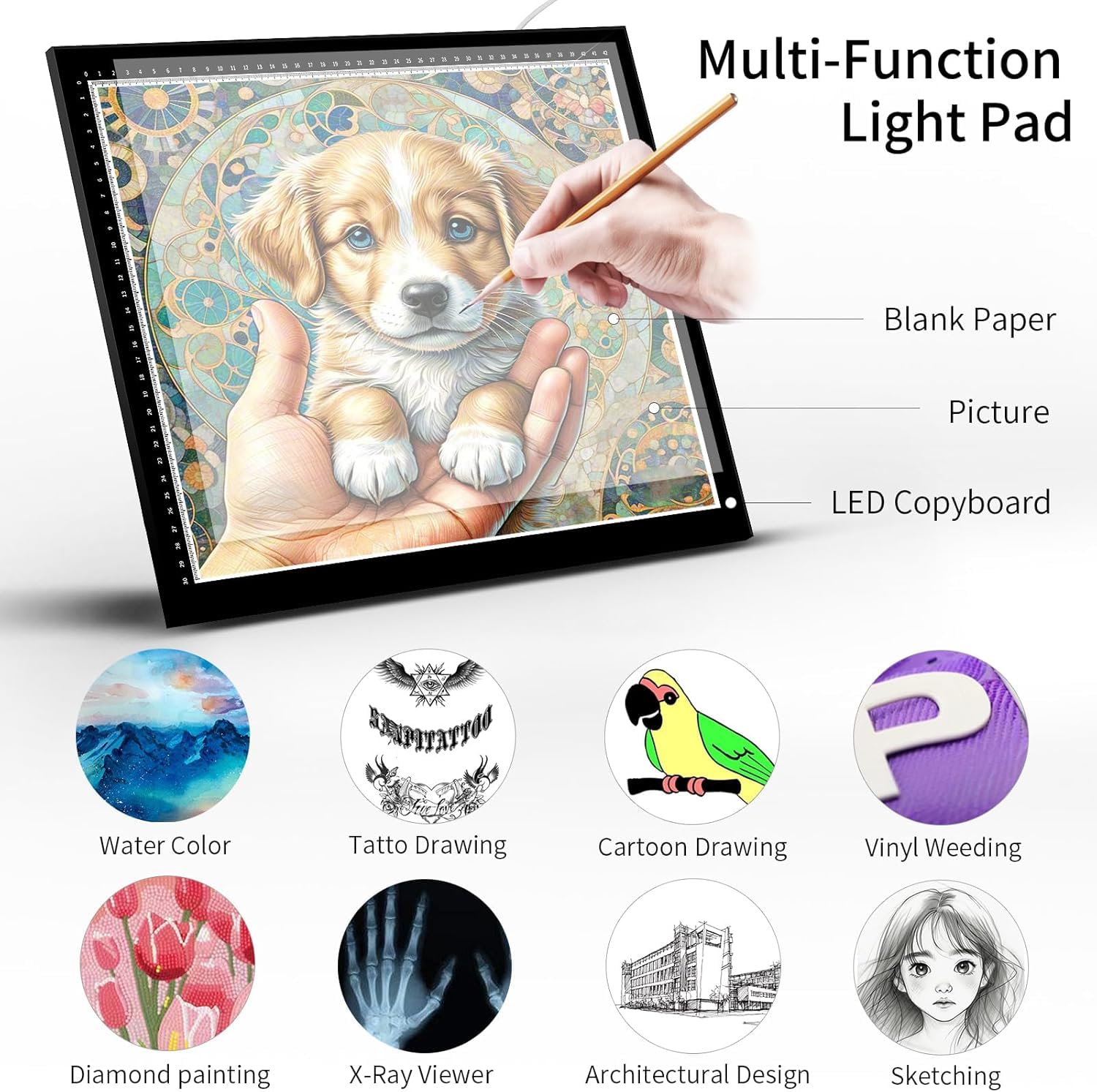 LED Leuchttisch A0 A1 A2 A3 A4, Ultra-dünnes LED Licht Pad mit stufenloser Helligkeit, Magnetische Zeichenplatte, Leuchtbox für Zeichnen, Diamond Painting, Skizzen, Animation, Tattoo, Plotterfolie