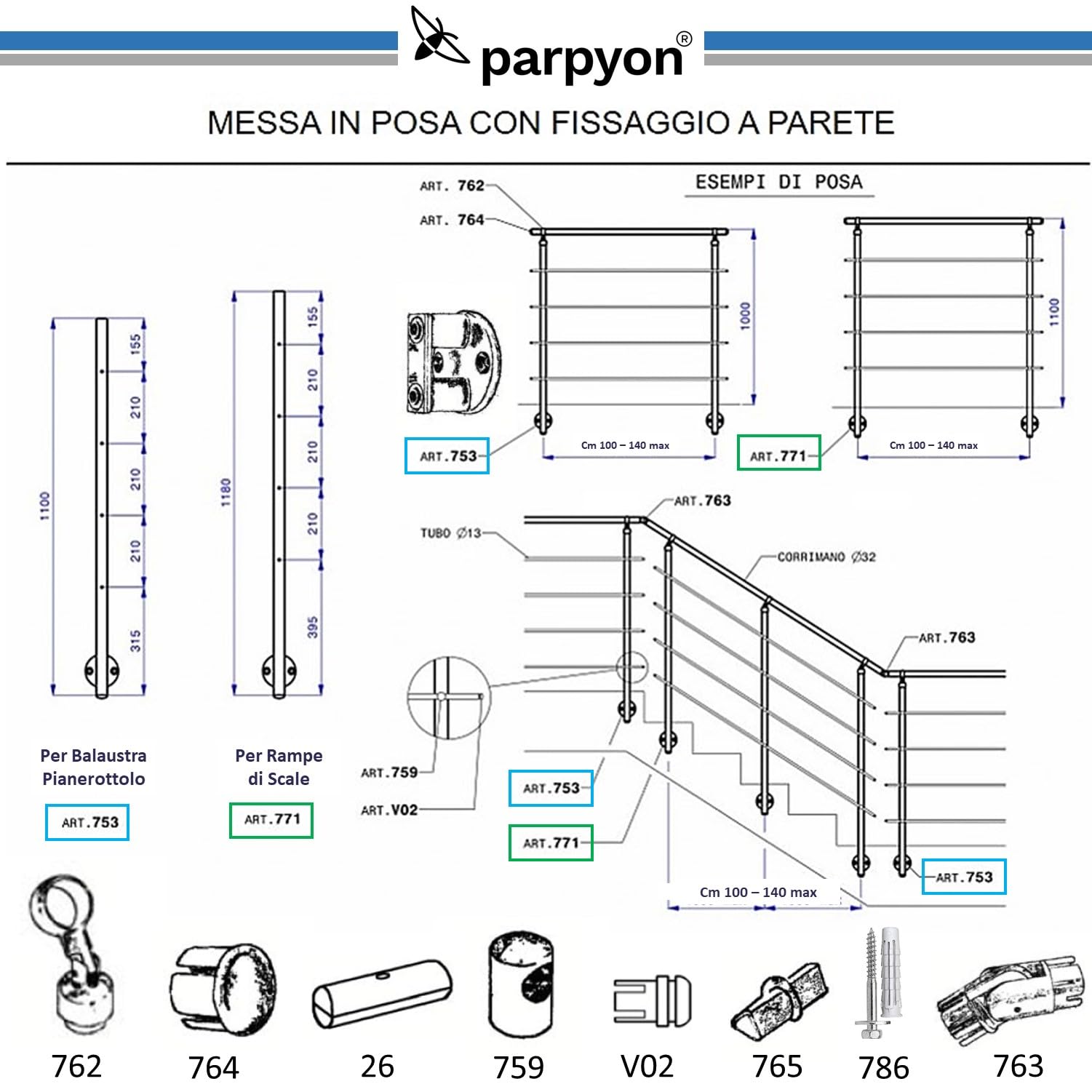 Parpyon® Ringhiera per Scale interne in acciaio Inox AISI 304 Uso Interno Balaustra 3 metri Fissaggio a PARETE montaggio FACILE fai da te