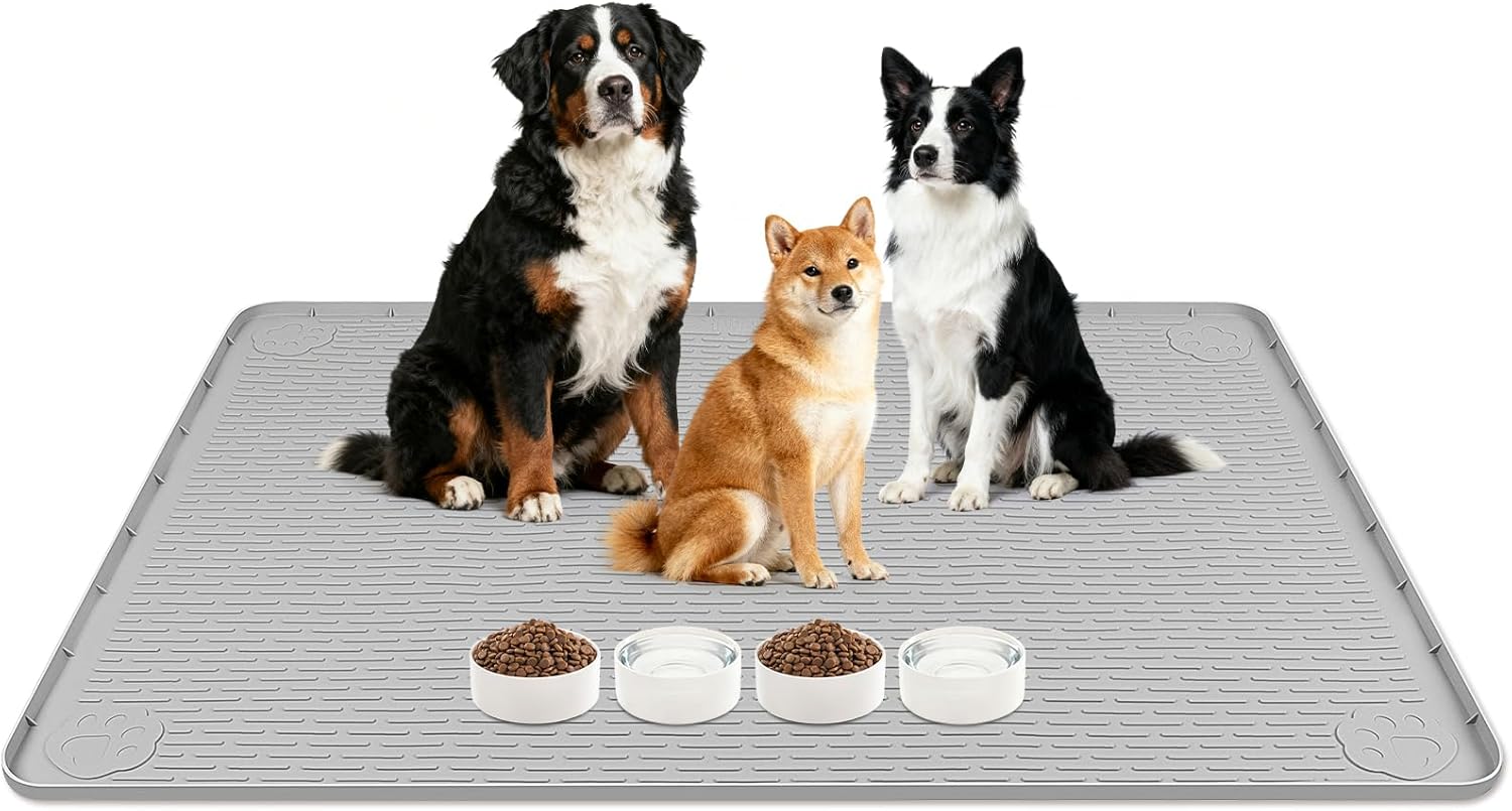 Lanstics Dog Food Mat, 50" x 35" Large Silicone Mat Dog Feeding Mat with Raised Edge Non-Slip Pet Feeding Mat for Food and Water Bowl, Easy to Clean, Floor Protection (Gray)